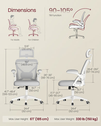 VASAGLE Ergonomic Mesh Office Chair with Adjustable Lumbar Support and Headrest, 90-105 Tilt Function, Wide Seat, Flip-Up Armrests, Dove Gray
