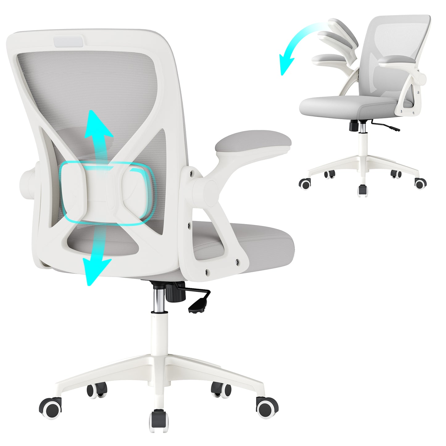 VASAGLE Ergonomic Mesh Office Chair with Adjustable Lumbar Support, 90-105 Tilt Function, Wide Seat, Flip-Up Armrests, Dove Gray