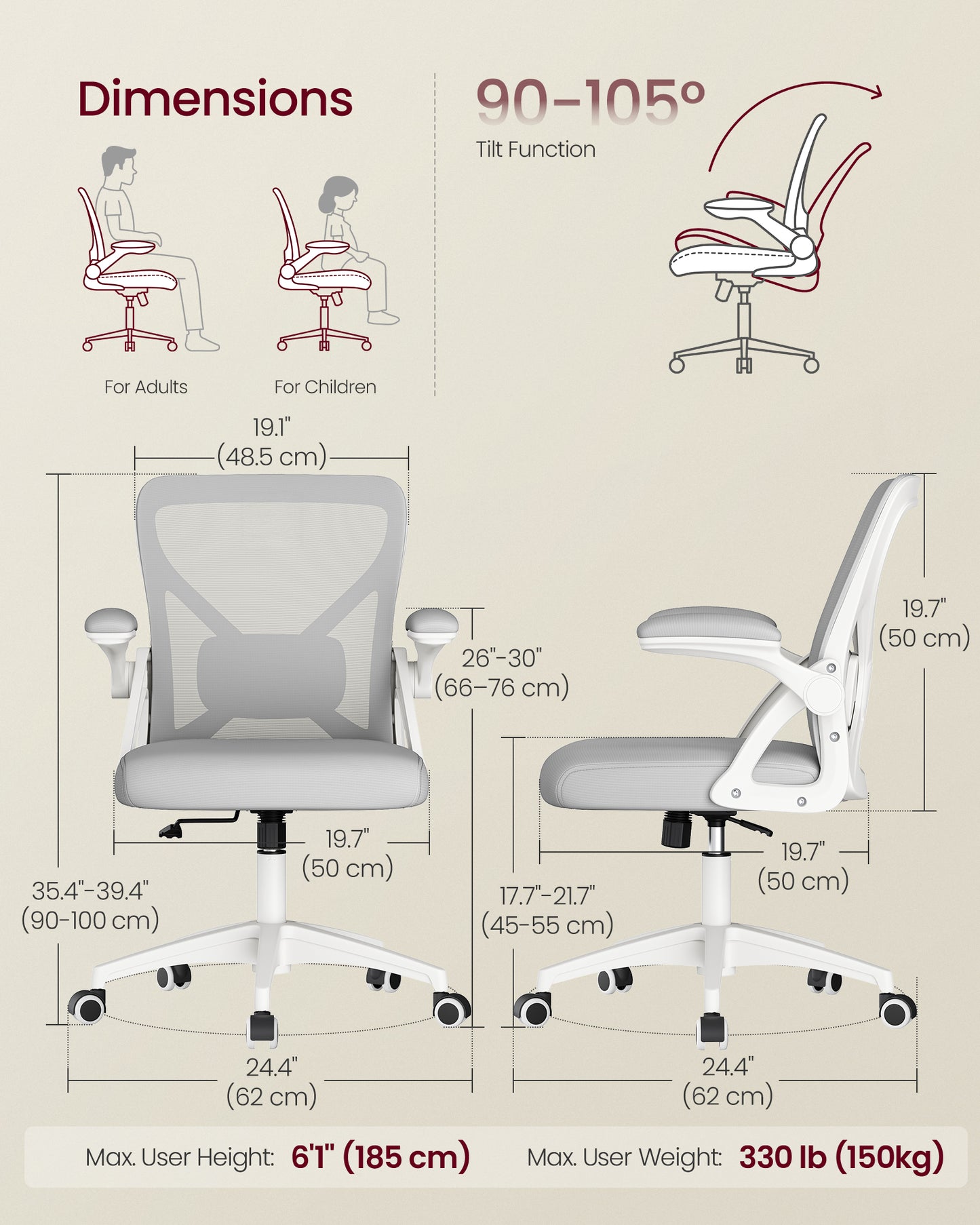 VASAGLE Ergonomic Mesh Office Chair with Adjustable Lumbar Support, 90-105 Tilt Function, Wide Seat, Flip-Up Armrests, Dove Gray