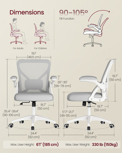 VASAGLE Ergonomic Mesh Office Chair with Adjustable Lumbar Support, 90-105 Tilt Function, Wide Seat, Flip-Up Armrests, Dove Gray