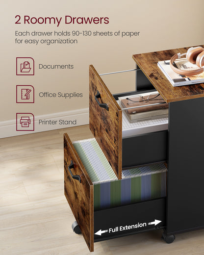 2-Drawer File Cabinet, Filing Cabinet for Home Office, Small Rolling File Cabinet, Printer Stand, Hanging File Folders Rustic Brown and Black