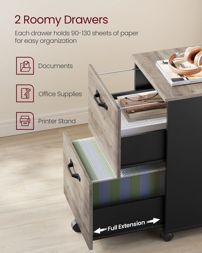 2-Drawer File Cabinet, Filing Cabinet for Home Office, Small Rolling File Cabinet, Printer Stand, Hanging File Folders Greige and Black