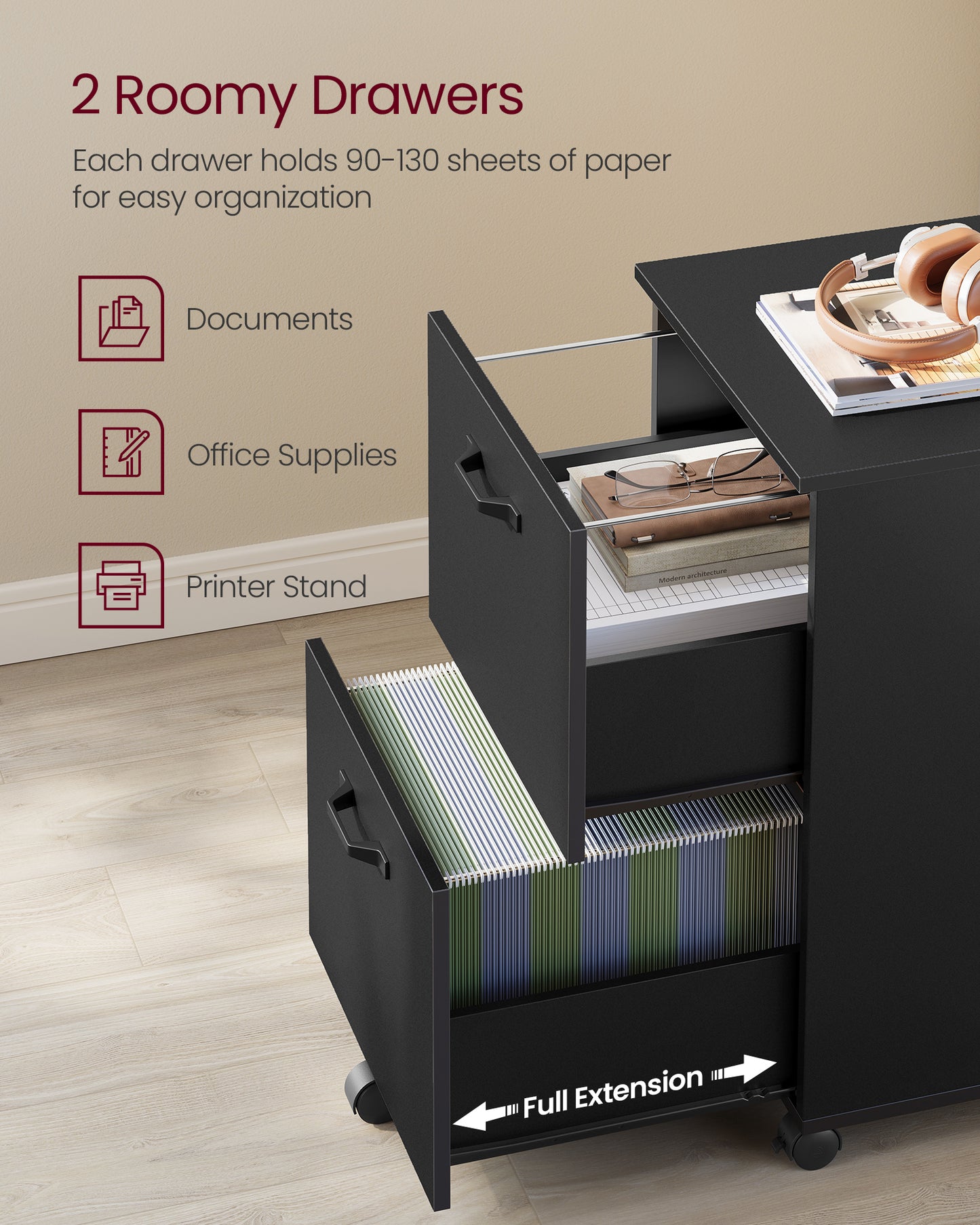 2-Drawer File Cabinet, Filing Cabinet for Home Office, Small Rolling File Cabinet, Printer Stand, Hanging File Folders, Matte Blackv