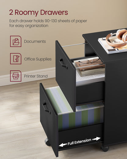 2-Drawer File Cabinet, Filing Cabinet for Home Office, Small Rolling File Cabinet, Printer Stand, Hanging File Folders, Matte Blackv