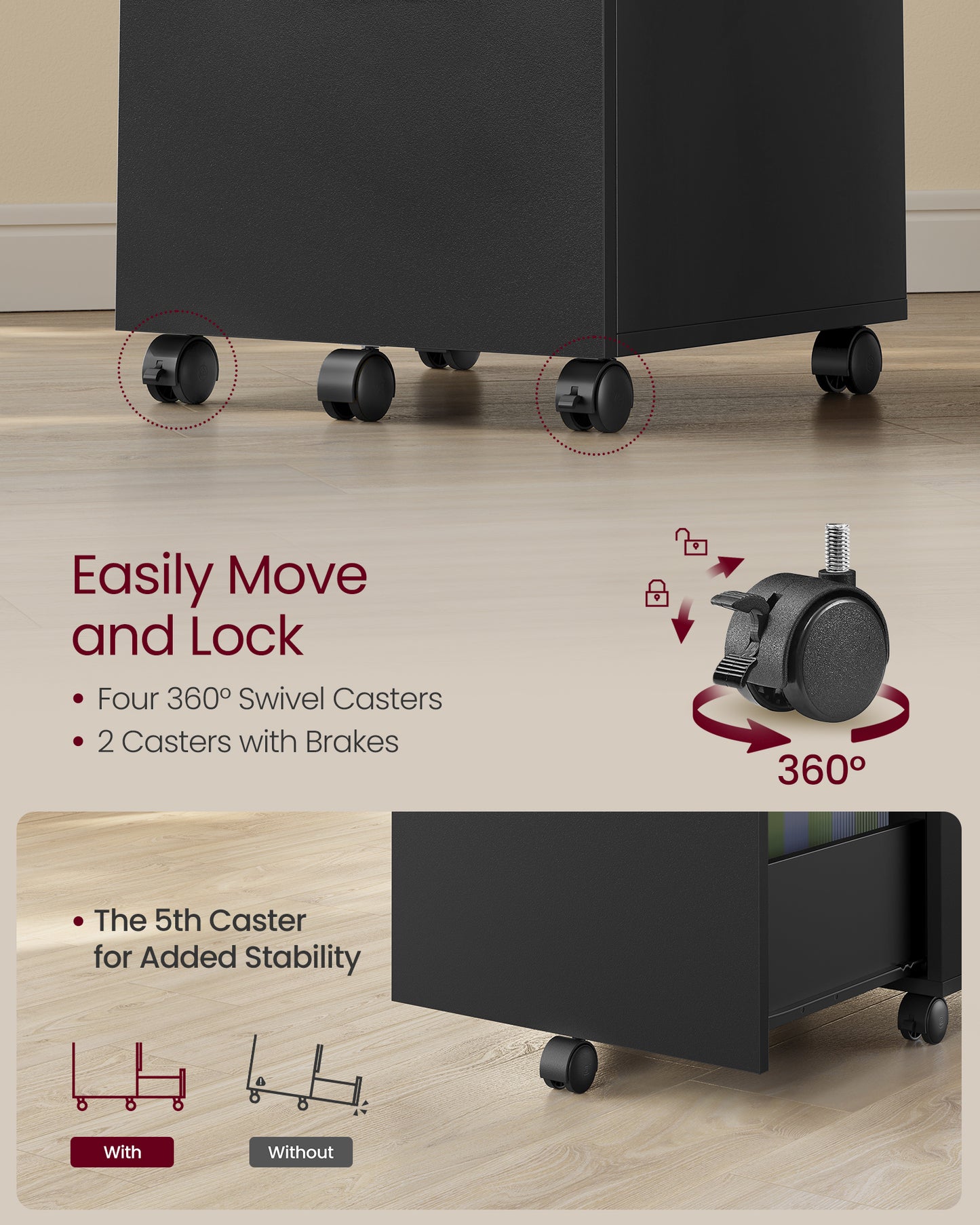 2-Drawer File Cabinet, Filing Cabinet for Home Office, Small Rolling File Cabinet, Printer Stand, Hanging File Folders, Matte Blackv