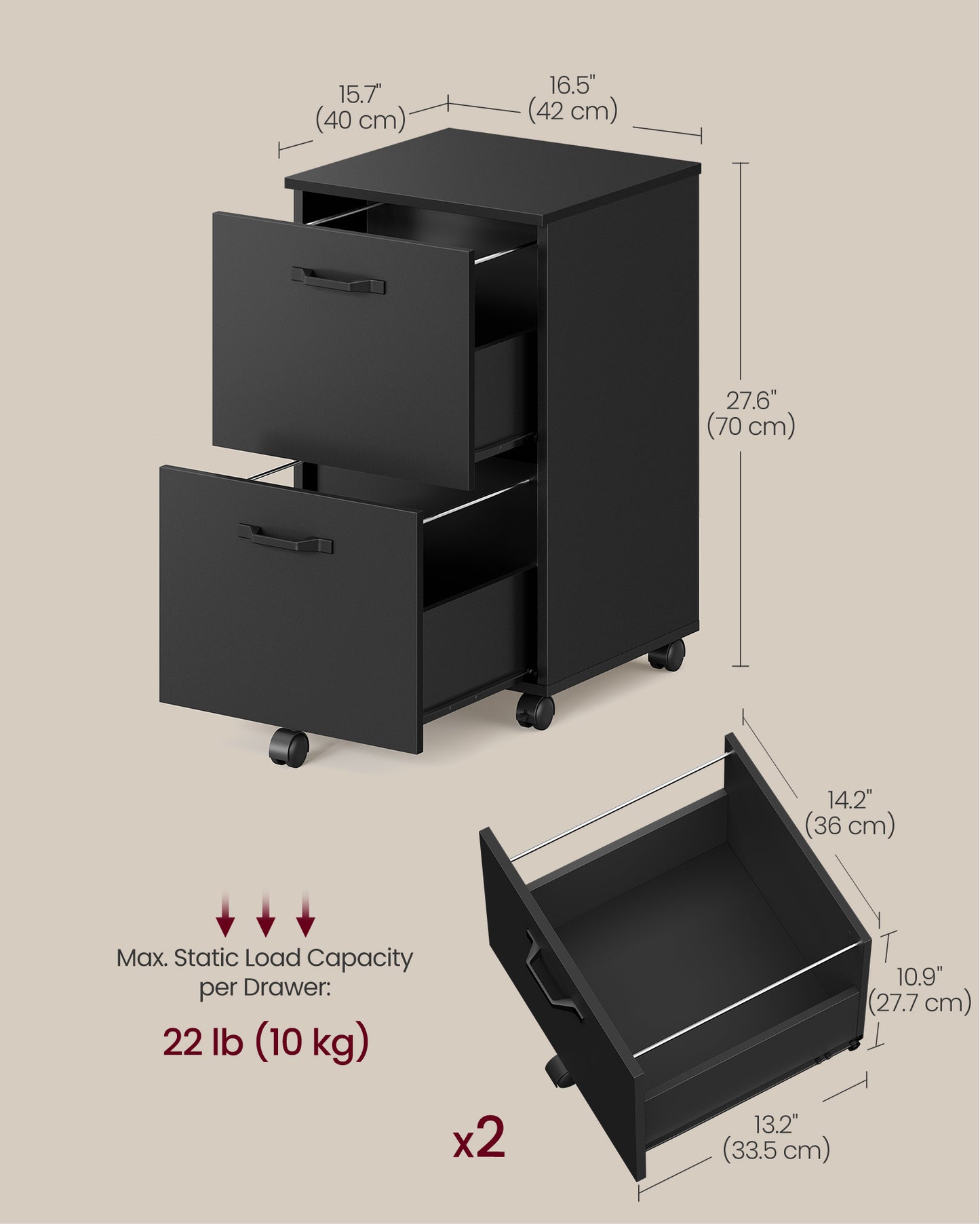 2-Drawer File Cabinet, Filing Cabinet for Home Office, Small Rolling File Cabinet, Printer Stand, Hanging File Folders, Matte Blackv