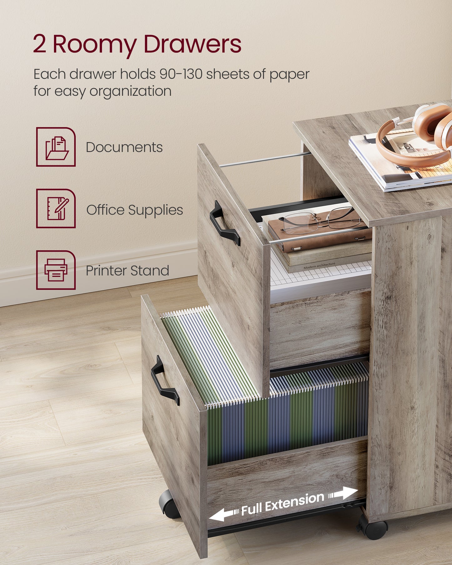 2-Drawer File Cabinet, Small Rolling Filing Cabinet with Lockable Casters, Printer Stand for Home Office, Heather Greige