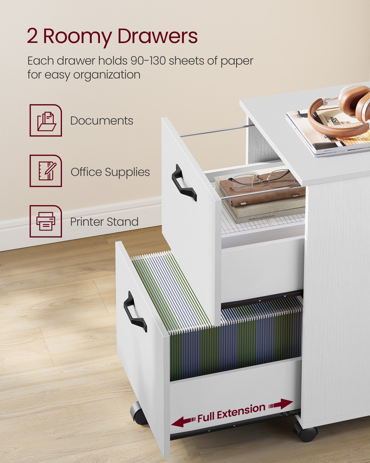 VASAGLE 2-Drawer File Cabinet, Small Rolling Filing Cabinet, Printer Stand, for A4, Letter-Size Documents, 15.7 x 16.5 x 27.6 Inches, White