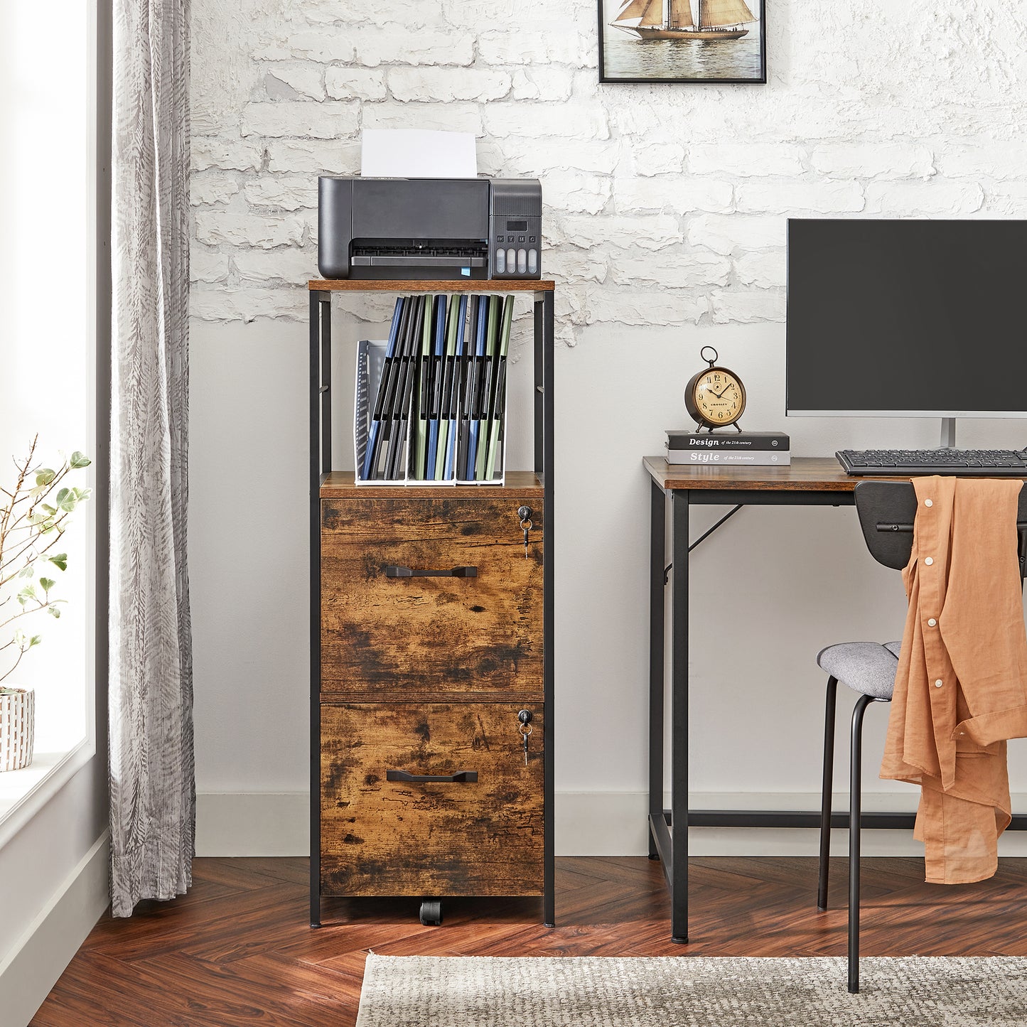 VASAGLE File Cabinet for Home Office, Filing Cabinet with 2 Drawers, Rustic Brown and Black