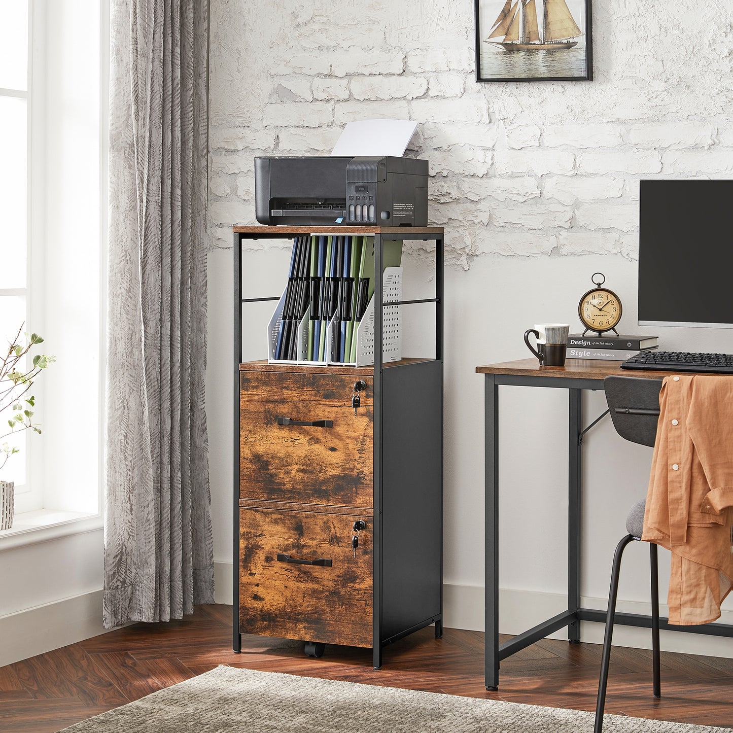 VASAGLE File Cabinet for Home Office, Filing Cabinet with 2 Drawers, Rustic Brown and Black