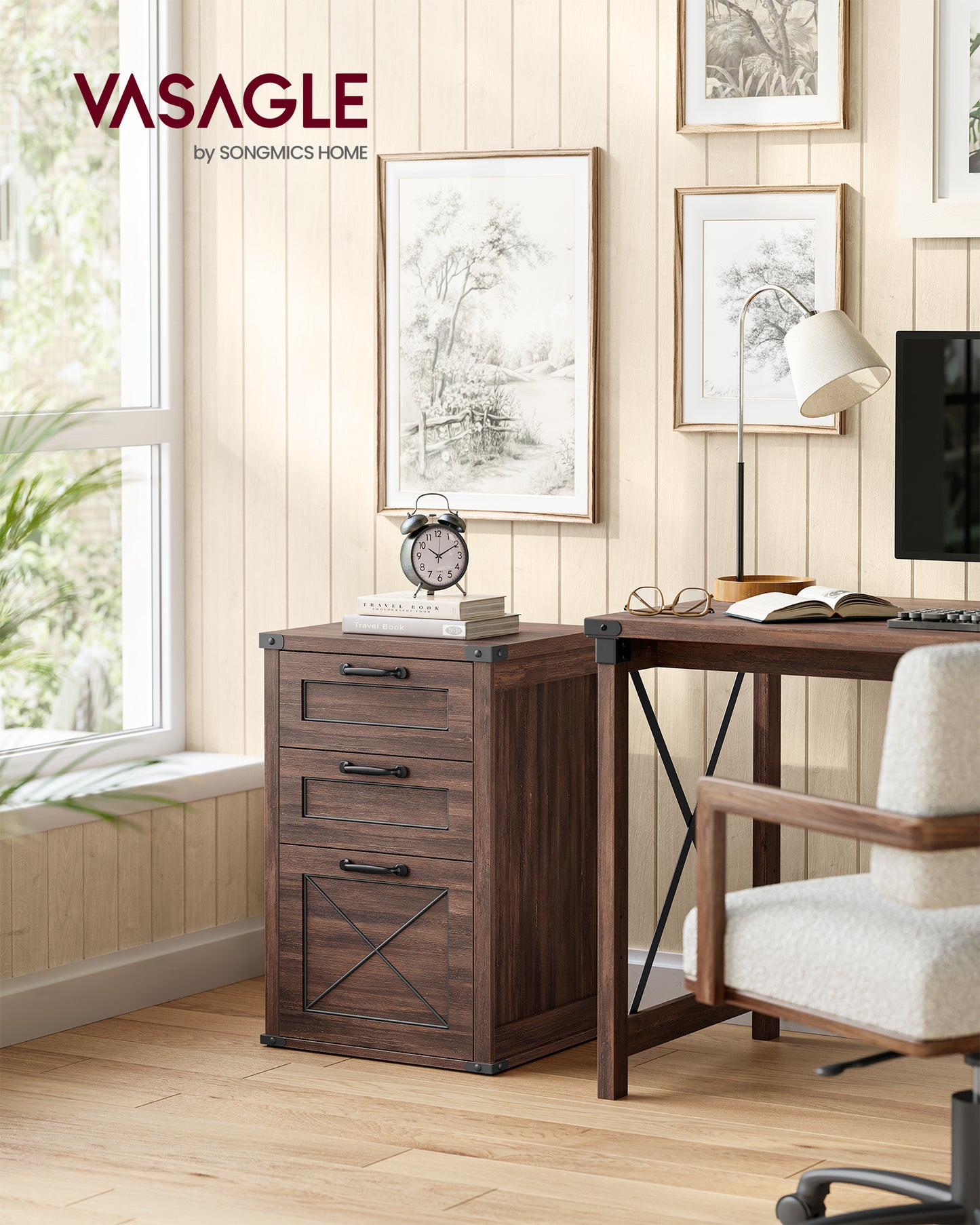 VASAGLE File Cabinet, Filing Cabinet with 3 Drawers, Printer Stand, Fit A4, Letter Size, Hanging File Folders, Maroon Brown