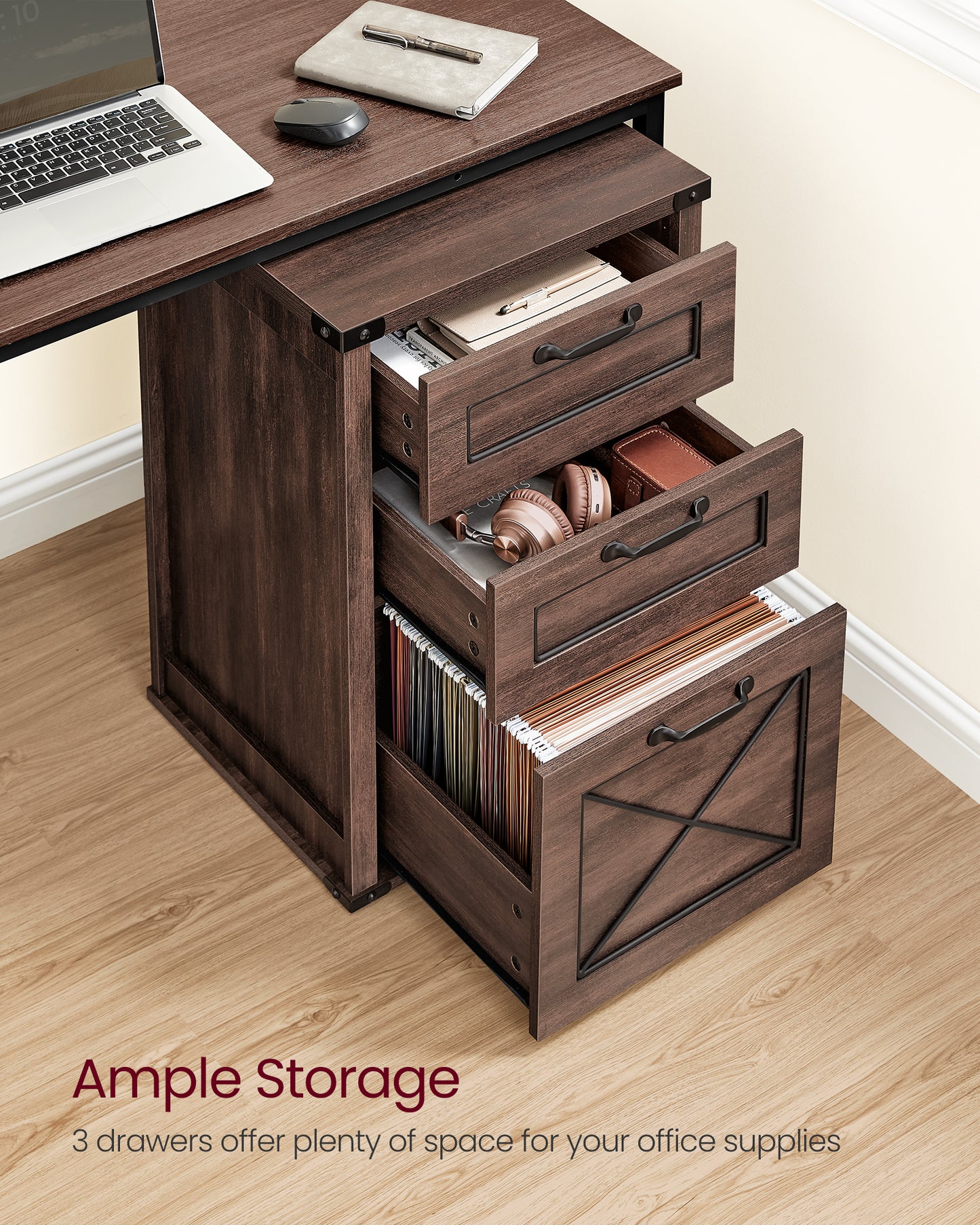 VASAGLE File Cabinet, Filing Cabinet with 3 Drawers, Printer Stand, Fit A4, Letter Size, Hanging File Folders, Maroon Brown