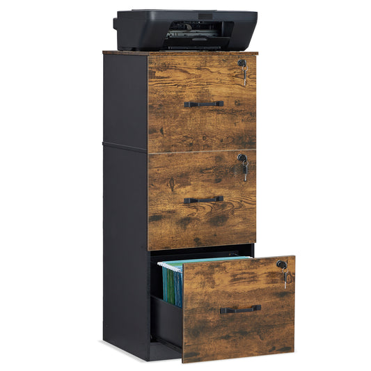3 Drawer File Cabinet with Lock, Printer Stand, Office Filing Cabinet Organizer, Brown