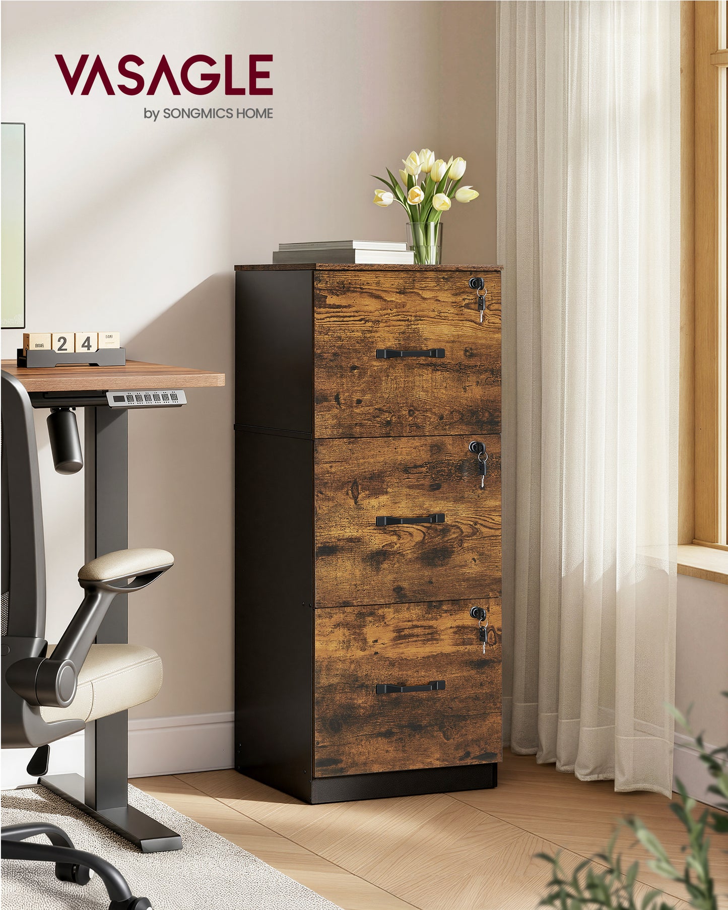 VASAGLE File Cabinet for Home Office, Printer Stand, with 3 Lockable Drawers, Adjustable Hanging Rails, Rustic Brown and Black
