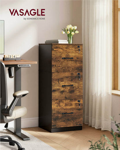 VASAGLE File Cabinet for Home Office, Printer Stand, with 3 Lockable Drawers, Adjustable Hanging Rails, Rustic Brown and Black