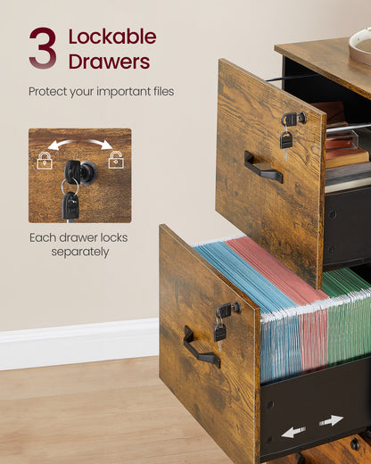 VASAGLE File Cabinet for Home Office, Printer Stand, with 3 Lockable Drawers, Adjustable Hanging Rails, Rustic Brown and Black