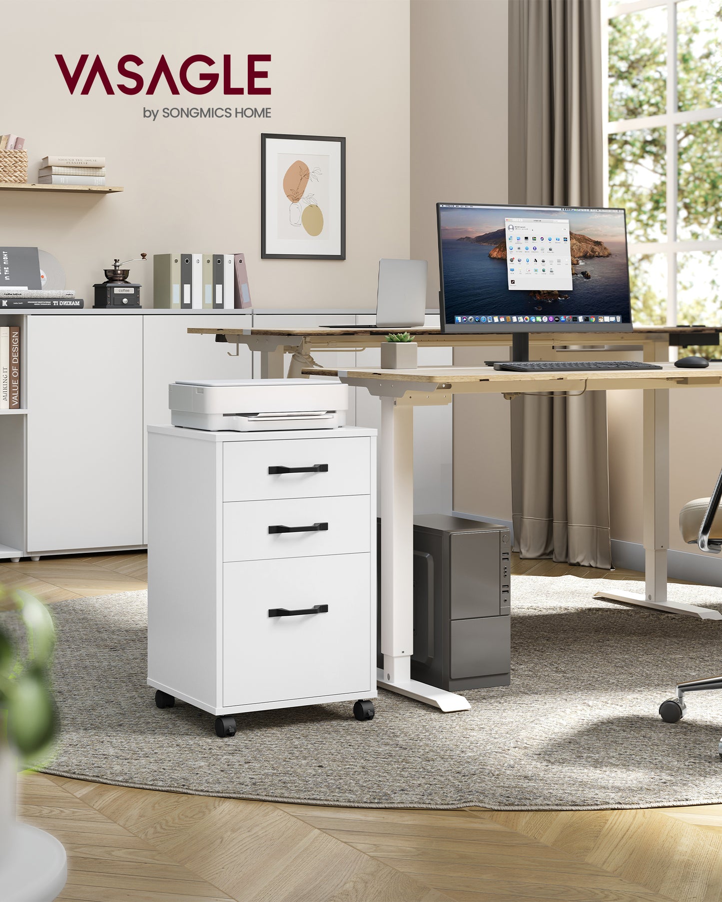 VASAGLE Mobile File Cabinet, 3 Drawers, with Wheels, for A4, Letter Sized Documents, Adjustable Hanging Rail for File Folders, Cloud White