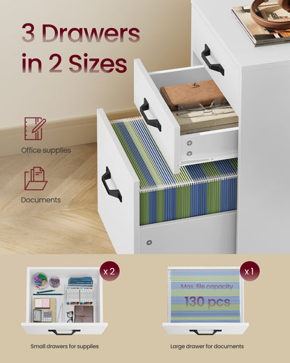 VASAGLE Mobile File Cabinet, 3 Drawers, with Wheels, for A4, Letter Sized Documents, Adjustable Hanging Rail for File Folders, Cloud White