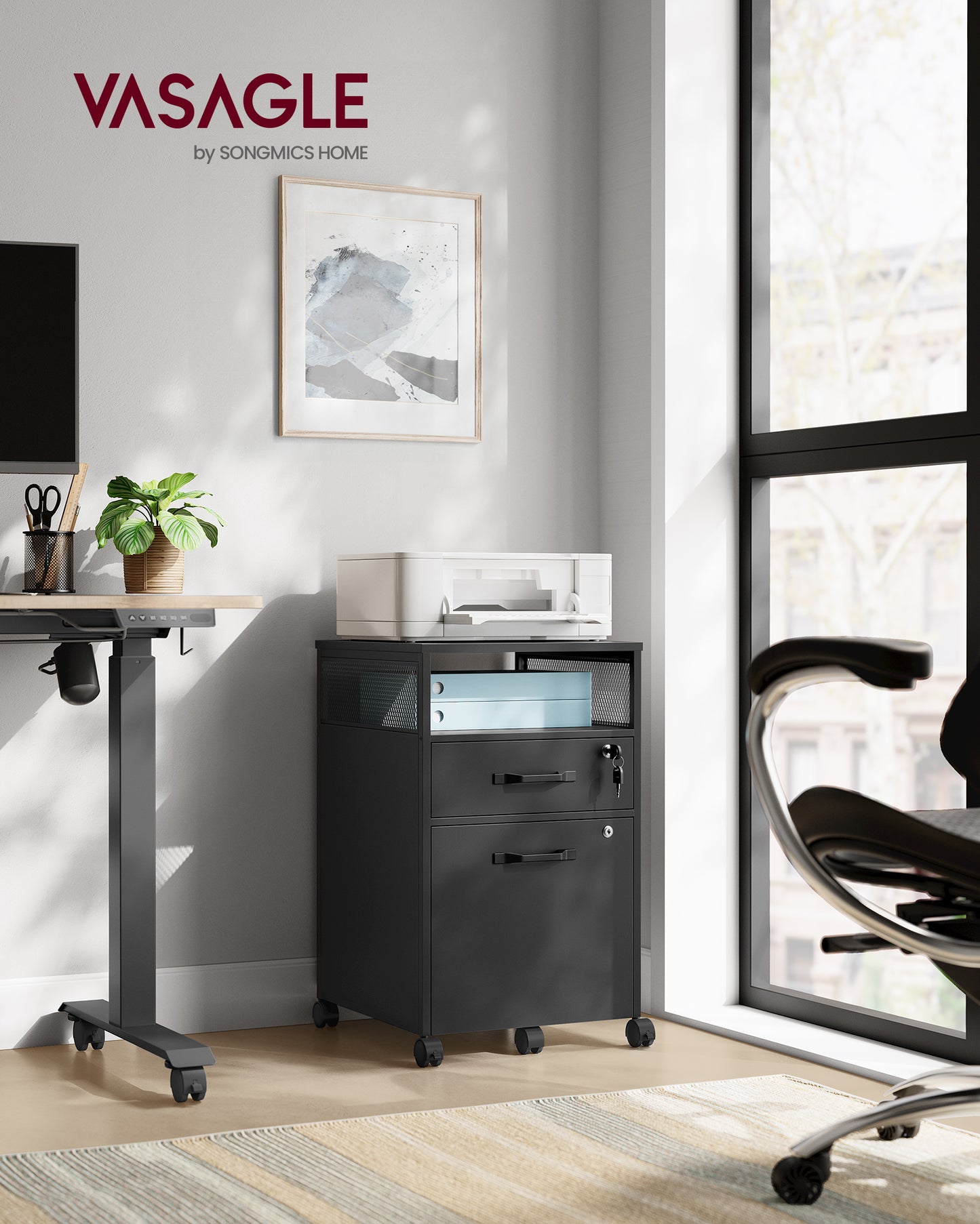 Rolling File Cabinet with Lock, Filing Cabinet with 2 Storage Drawers, Black and Gray