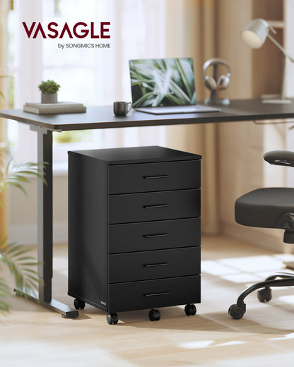VASAGLE File Cabinet, Mobile Pedestal Filing Cabinet with Wheels, Printer Stand with 5 Drawers, Tool-Free Sliding Rails, Ink Black