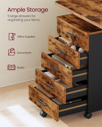VASAGLE File Cabinet, Mobile Pedestal Filing Cabinet with Wheels, Printer Stand with 5 Drawers, Tool-Free Sliding Rails, Rustic Brown
