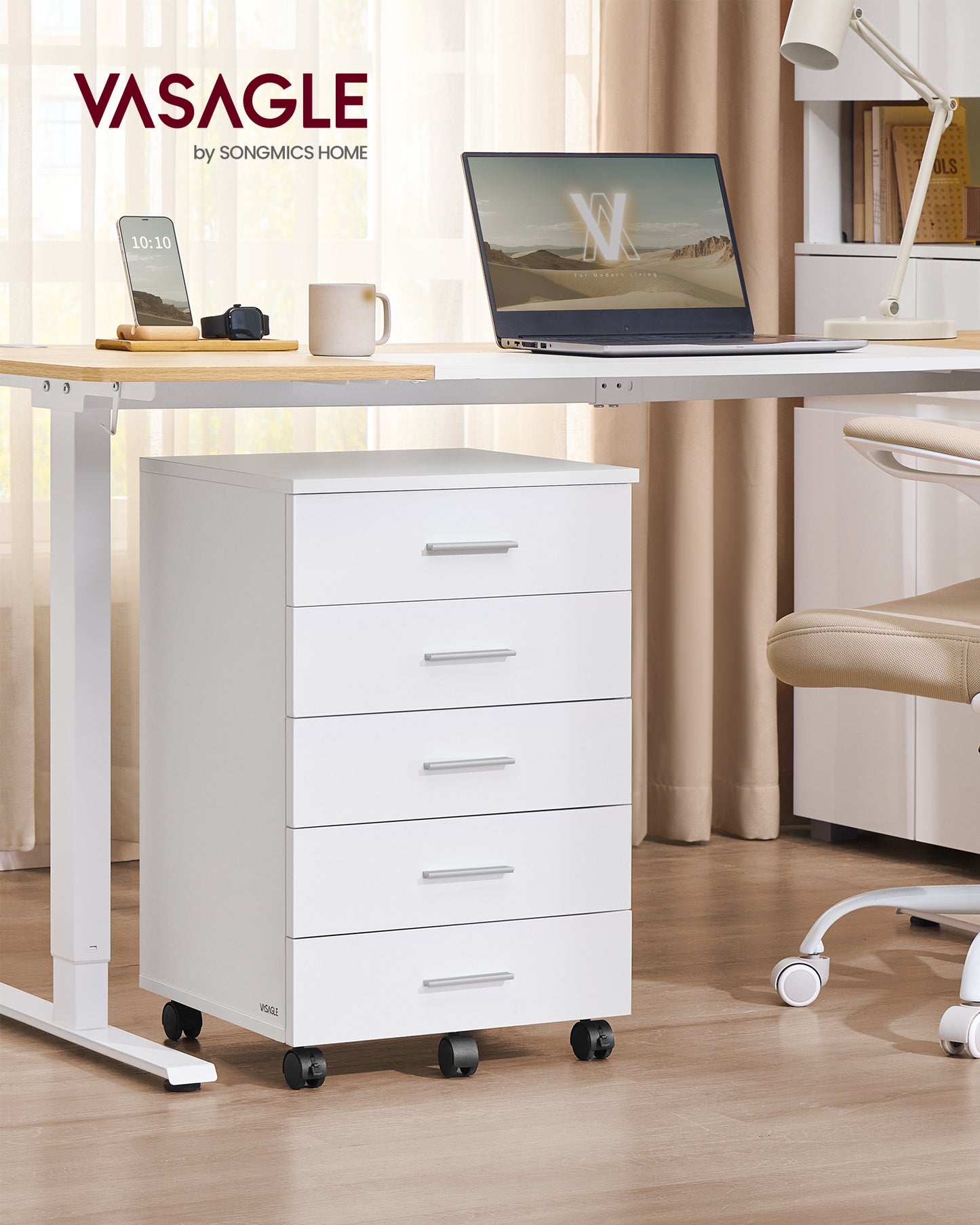 Mobile 5-Drawer File Cabinet - Tool-Free Assembly, Locking Wheels, Printer Stand for Home Office, Cloud White
