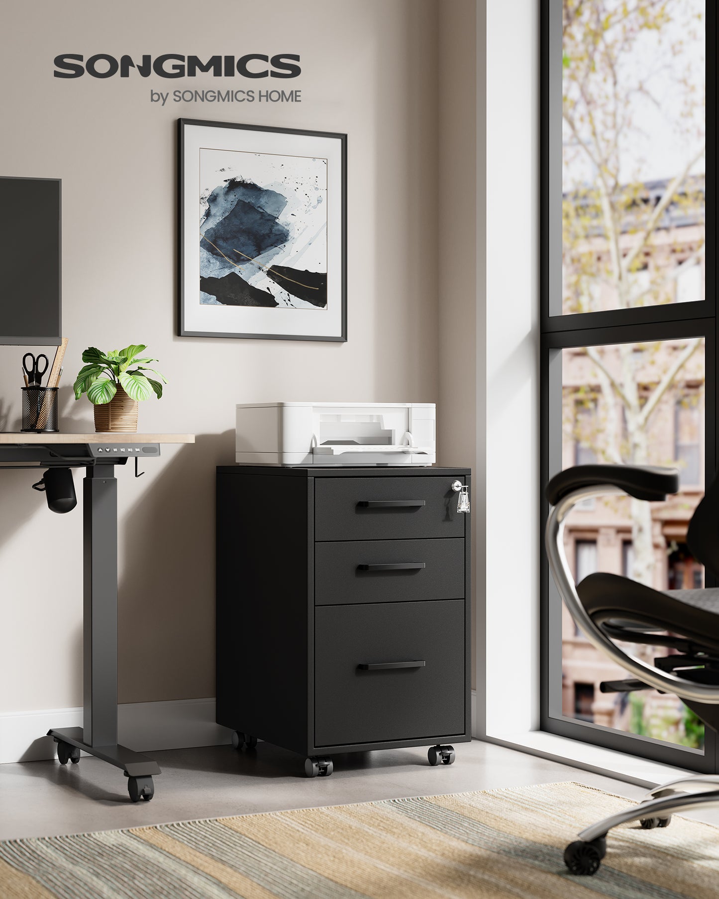 14.4"W x 23.6"H File Cabinet, 3-Drawer Office Filing Cabinet, Pre-Assembled Except Wheels and Handles, Black