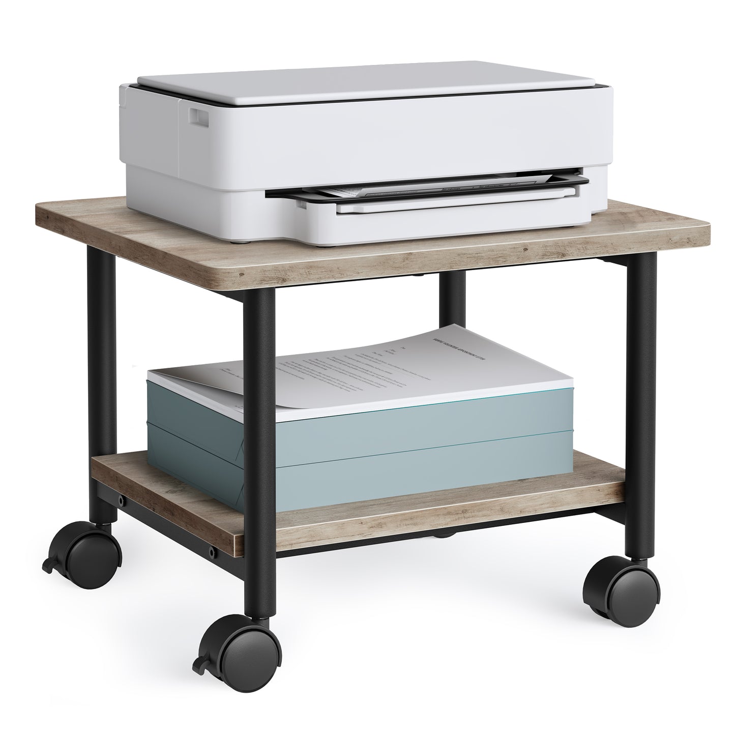 VASAGLE Heavy-Duty Printer Stand with Locking Wheels, 2-Tier Industrial Mobile Cart with Storage Shelf, Under Desk Printer Table for Home, Office, 13.4" Height, Heather Greige and Black