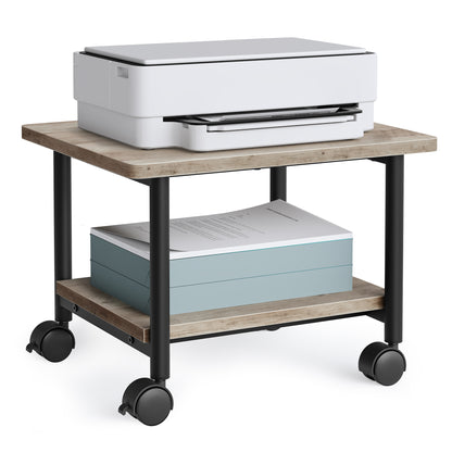VASAGLE Heavy-Duty Printer Stand with Locking Wheels, 2-Tier Industrial Mobile Cart with Storage Shelf, Under Desk Printer Table for Home, Office, 13.4" Height, Heather Greige and Black