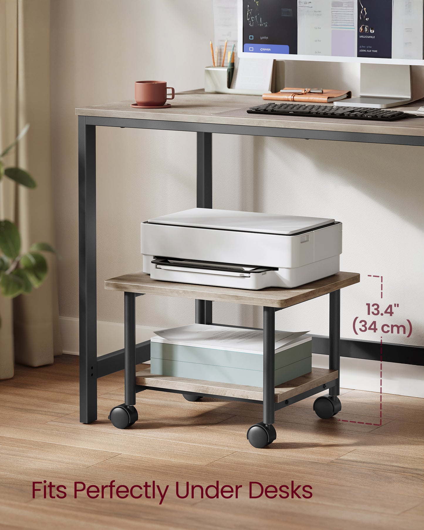 VASAGLE Heavy-Duty Printer Stand with Locking Wheels, 2-Tier Industrial Mobile Cart with Storage Shelf, Under Desk Printer Table for Home, Office, 13.4" Height, Heather Greige and Black