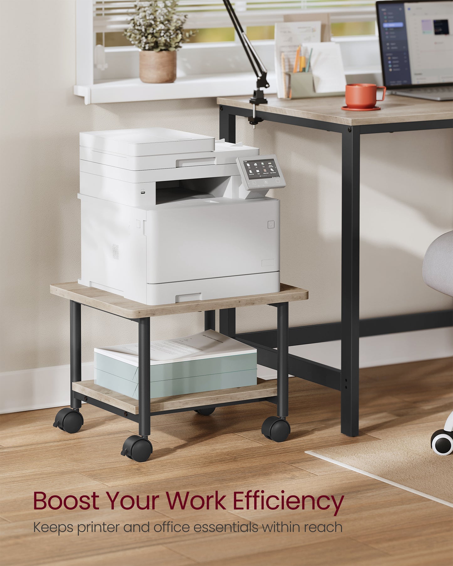 VASAGLE Heavy-Duty Printer Stand with Locking Wheels, 2-Tier Industrial Mobile Cart with Storage Shelf, Under Desk Printer Table for Home, Office, 13.4" Height, Heather Greige and Black