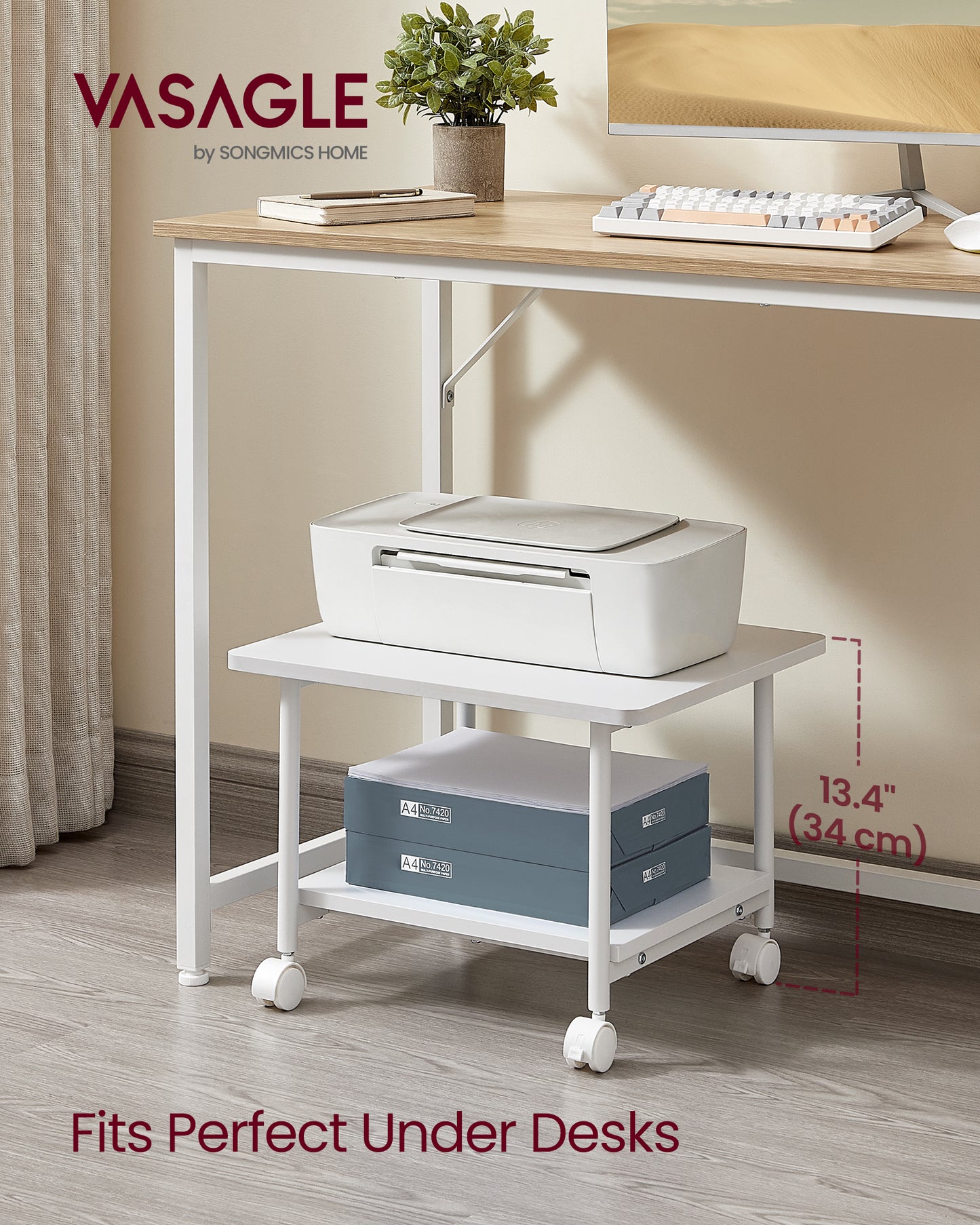 Industrial style 2 - Tier Printer Stand with Locking Wheels. A heavy - duty mobile cart for home offices, designed to be placed under desks. White.