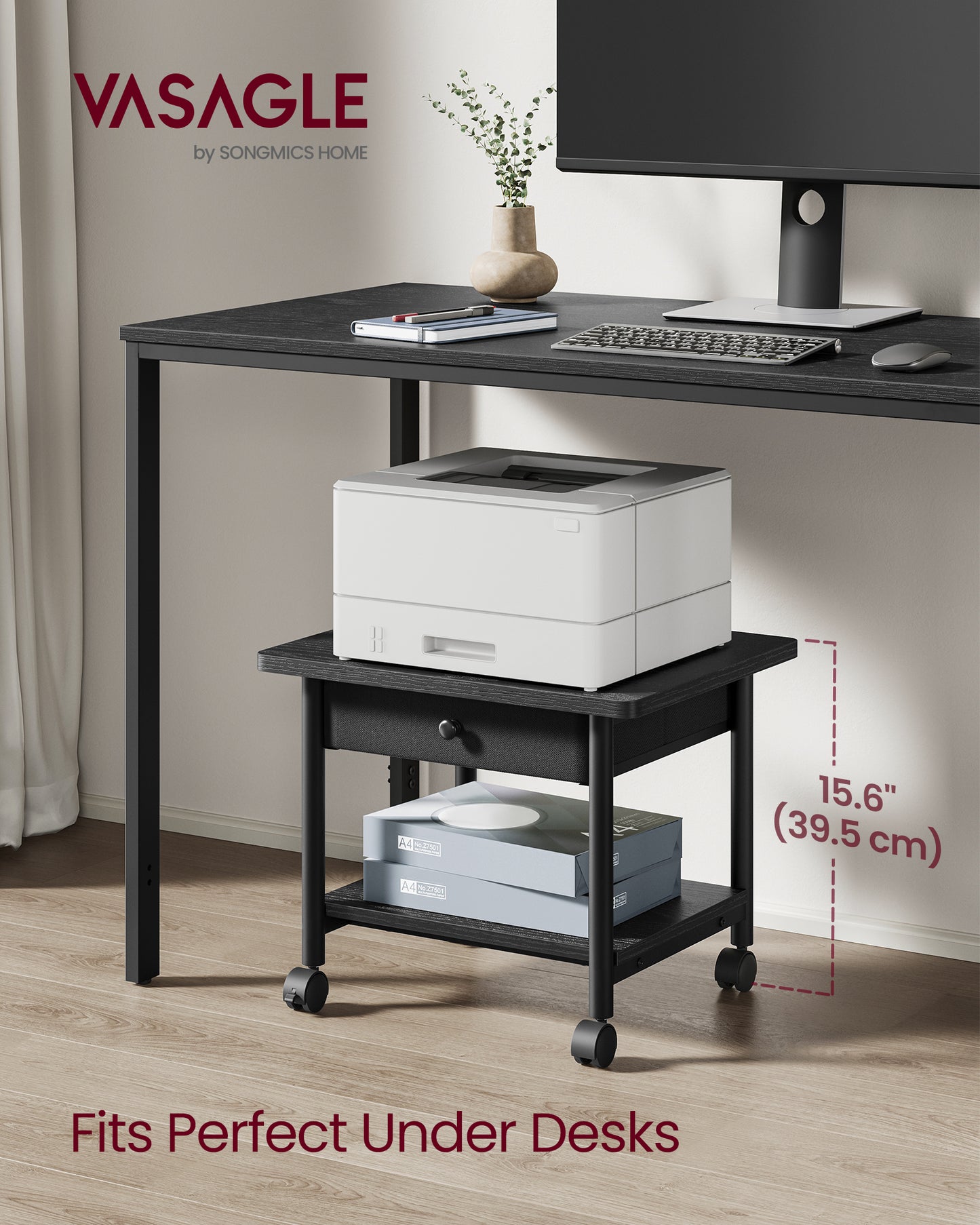 VASAGLE Printer Stand Under Desk Printer Stand Bottom Shelf with Wheels Ebony Black and Ink Black
