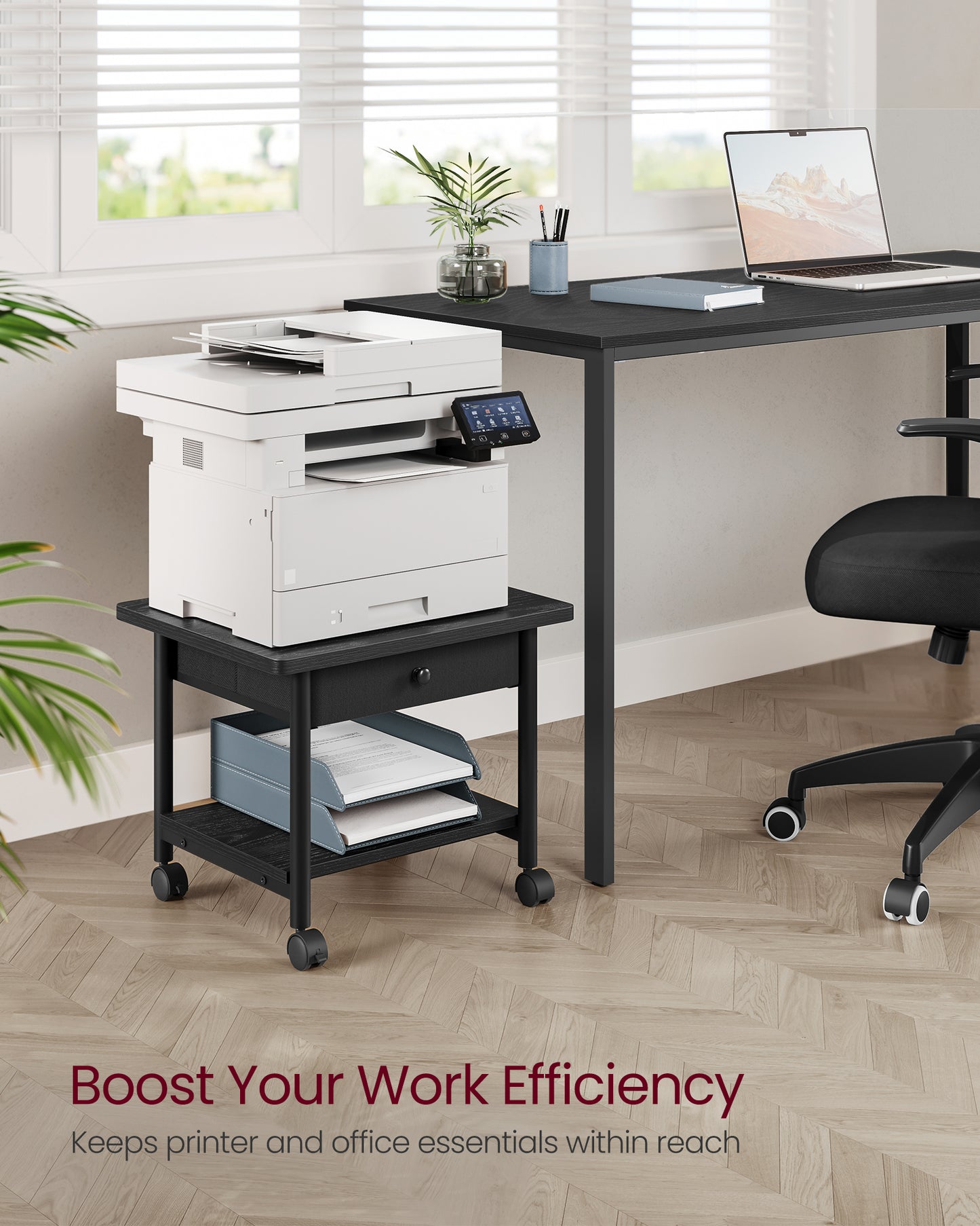 VASAGLE Printer Stand Under Desk Printer Stand Bottom Shelf with Wheels Ebony Black and Ink Black