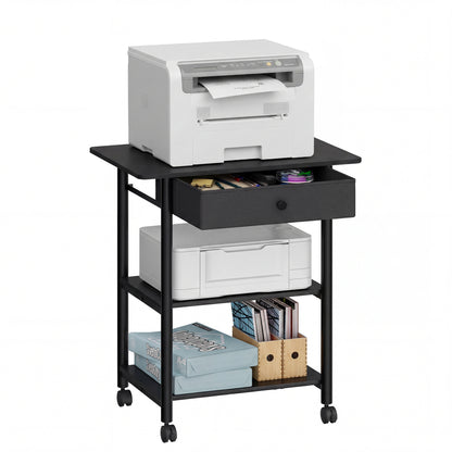 VASAGLE Printer Stand, Rolling Printer Cart, Mobile with Lockable Wheels, Steel Frame, 2 Storage Shelves Removable Drawer, 3-Tier, Ebony Black