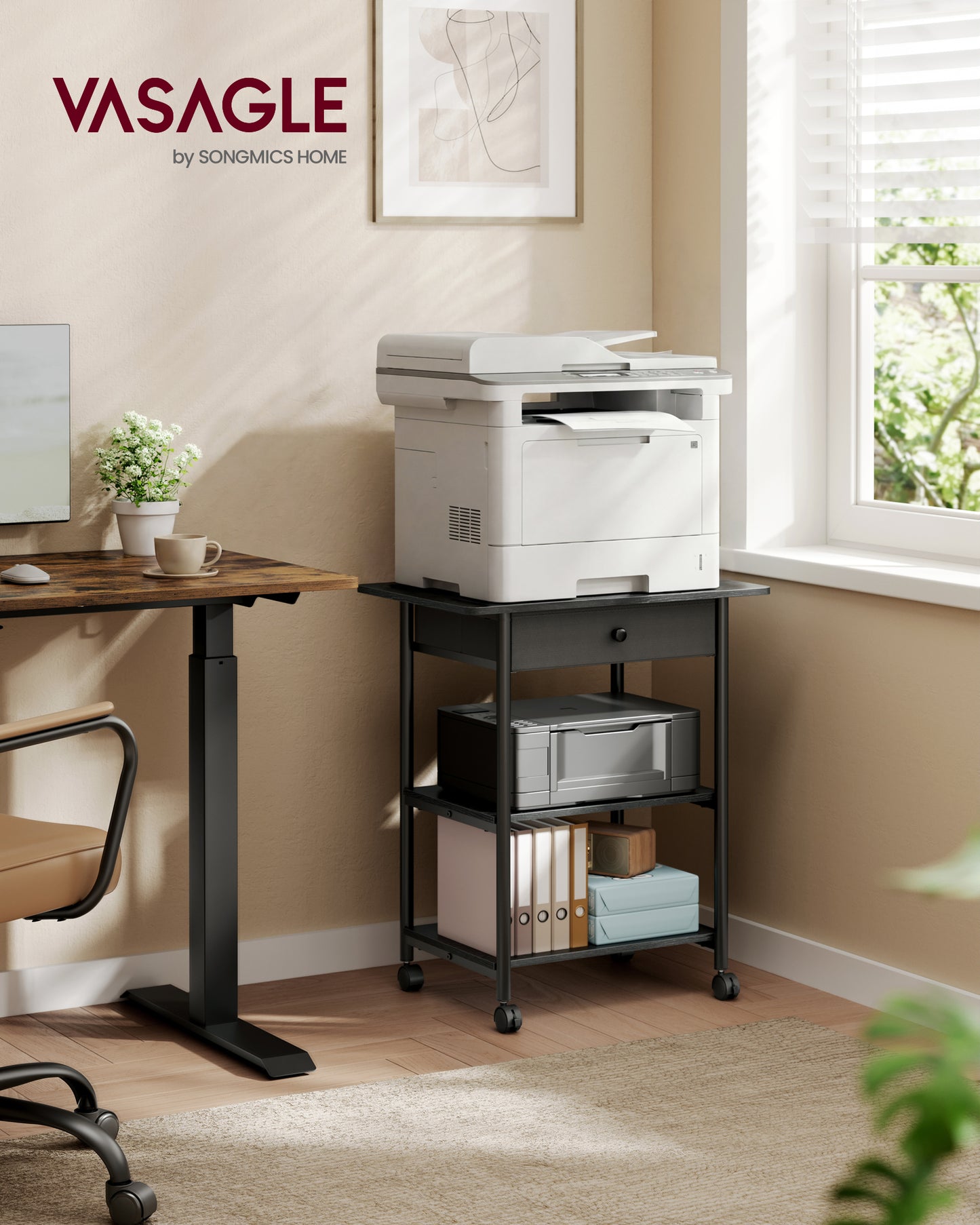 VASAGLE Printer Stand, Rolling Printer Cart, Mobile with Lockable Wheels, Steel Frame, 2 Storage Shelves Removable Drawer, 3-Tier, Ebony Black