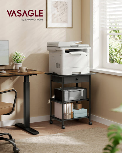 VASAGLE Printer Stand, Rolling Printer Cart, Mobile with Lockable Wheels, Steel Frame, 2 Storage Shelves Removable Drawer, 3-Tier, Ebony Black