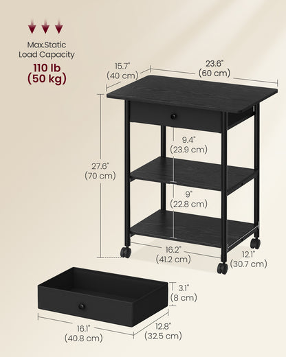 VASAGLE Printer Stand, Rolling Printer Cart, Mobile with Lockable Wheels, Steel Frame, 2 Storage Shelves Removable Drawer, 3-Tier, Ebony Black