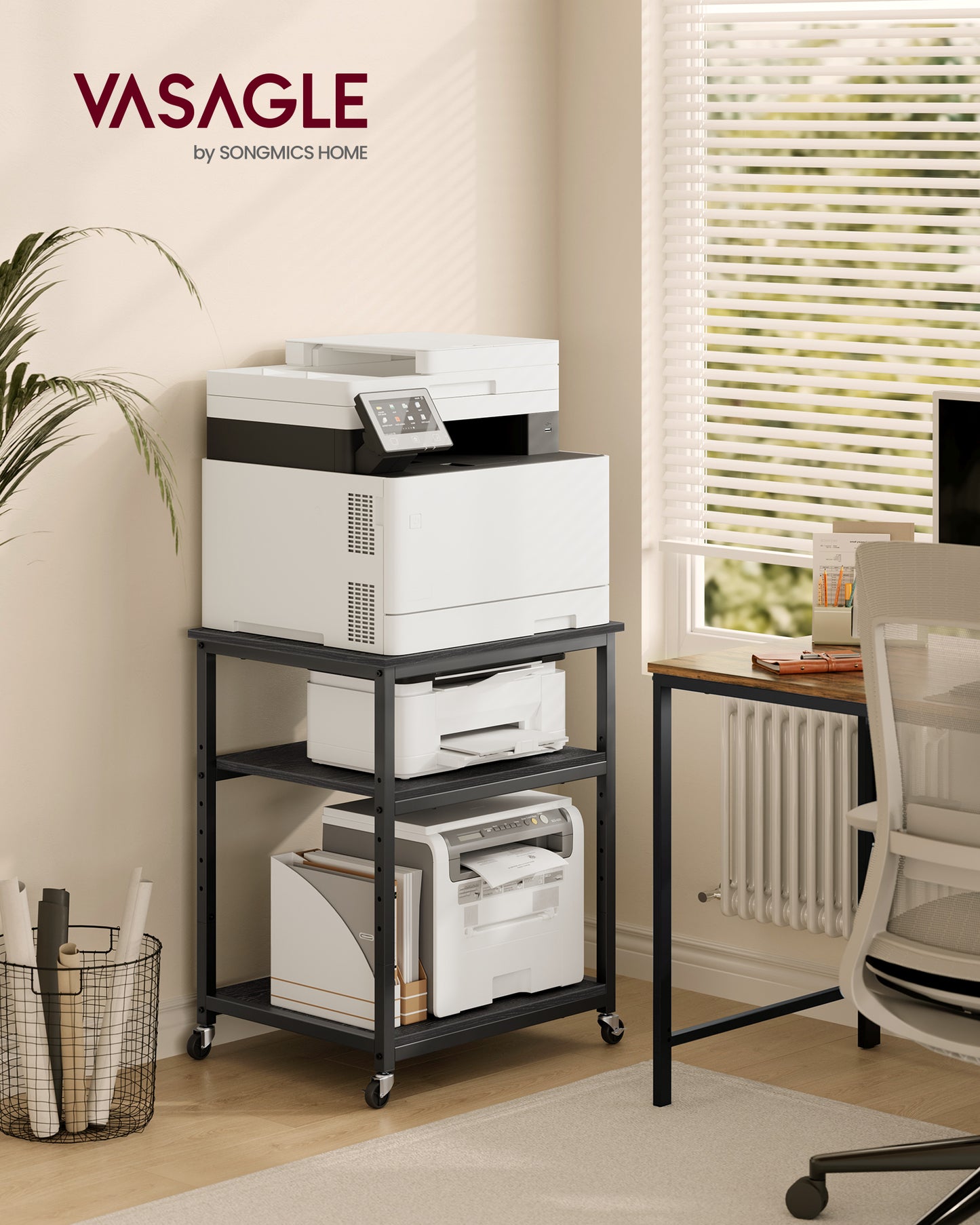 VASAGLE Printer Stand, Rolling Printer Cart, Mobile with Lockable Wheels, Steel Frame, Storage Shelf, 3-Tier, Ebony Black