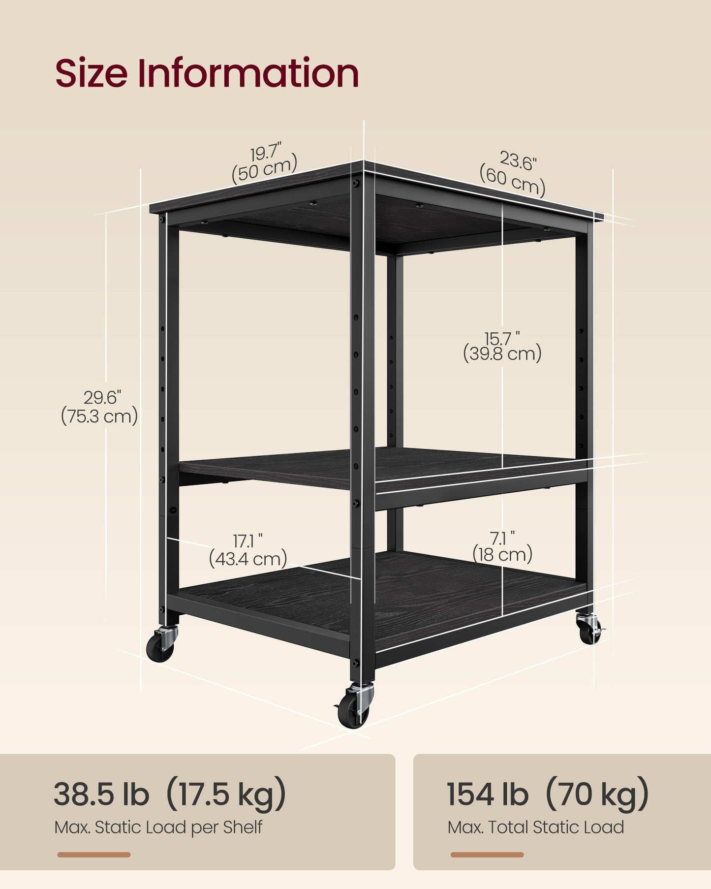 VASAGLE Printer Stand, Rolling Printer Cart, Mobile with Lockable Wheels, Steel Frame, Storage Shelf, 3-Tier, Ebony Black