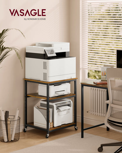 VASAGLE Printer Stand, Rolling Printer Cart, Mobile with Lockable Wheels, Steel Frame, Storage Shelf, 3-Tier, Rustic Brown and Ink Black