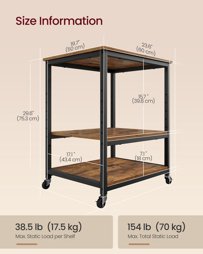 VASAGLE Printer Stand, Rolling Printer Cart, Mobile with Lockable Wheels, Steel Frame, Storage Shelf, 3-Tier, Rustic Brown and Ink Black
