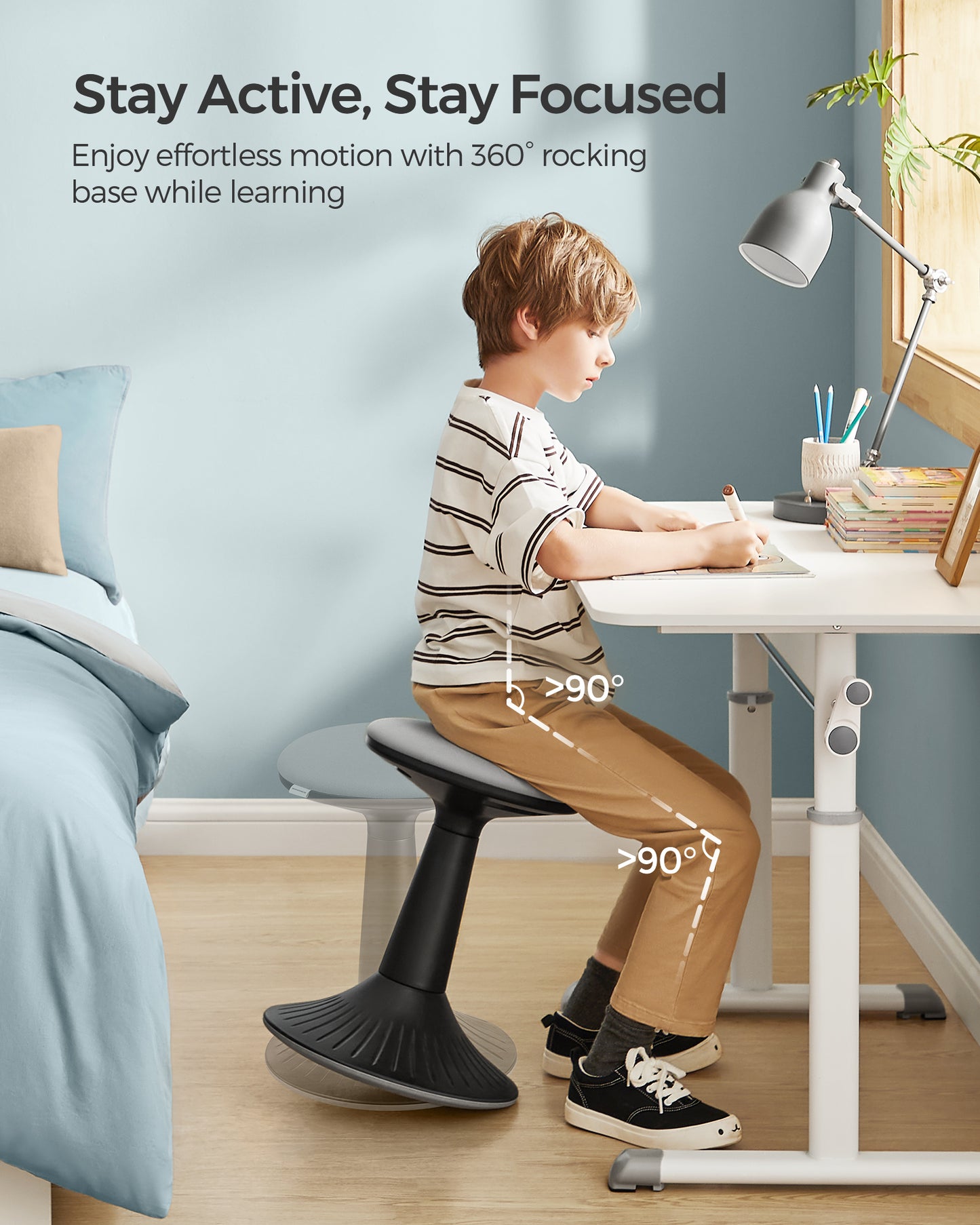 Kids Wobble Chair 6-12Y, Active Sitting Stool with Focus Support, 18.1" Height 154 lb Capacity, Anti-Slip Base Tool-Free Assembly, Ink Black and Dove Gray