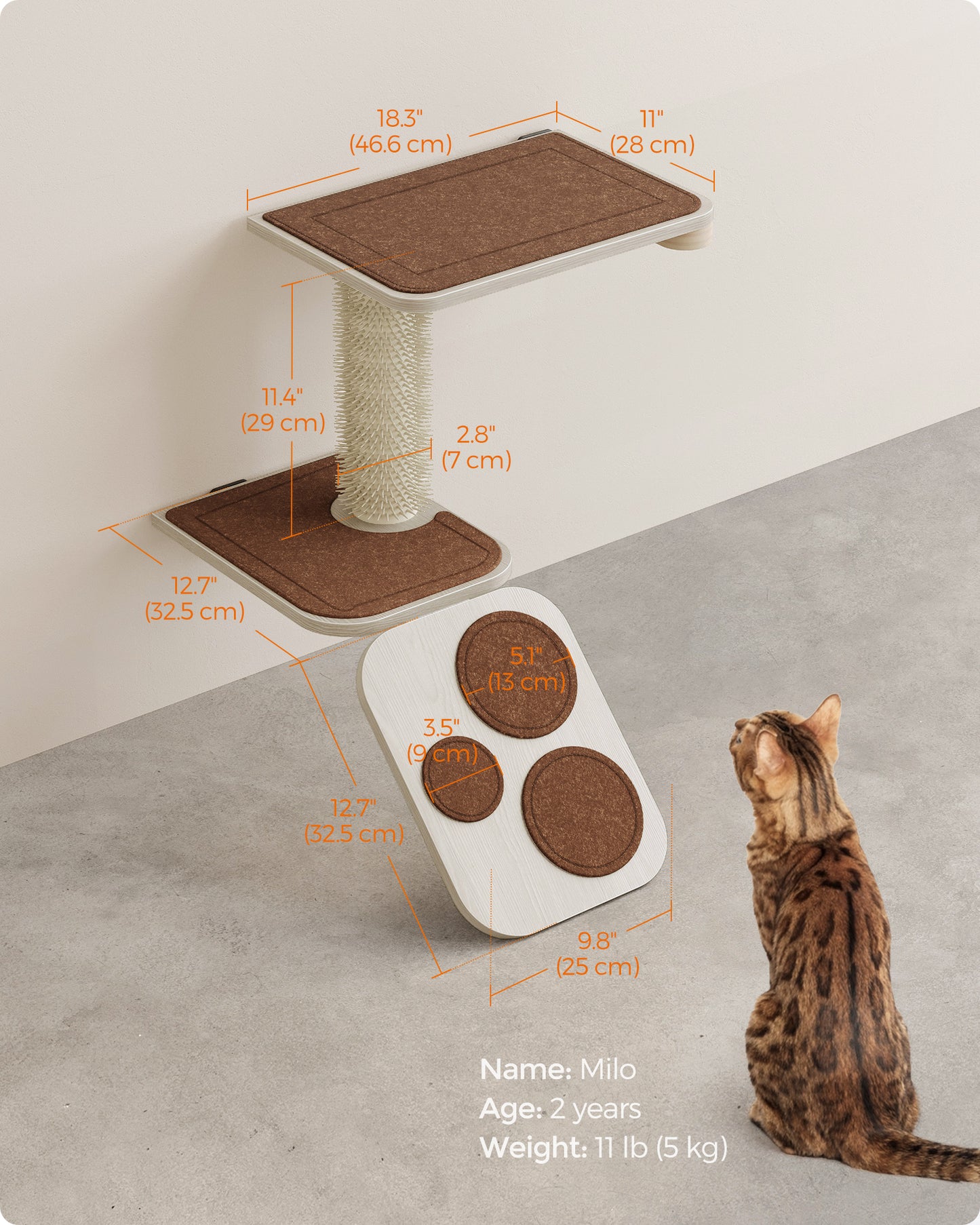 Feandrea Clickat Collection - No.004 Cat Stairs Wall-Mounted Cat Ladder with Shelves Self Groomer Extremely Quick Assembly Unlimited Expandability Replaceable Washable Felt Pads