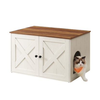 Rustic Barn Door Cat Litter Box Enclosure - Spacious 19.8"x19.8"x18.3" Privacy Cabinet w/ Removable Divider, Honey Brown & Rustic White