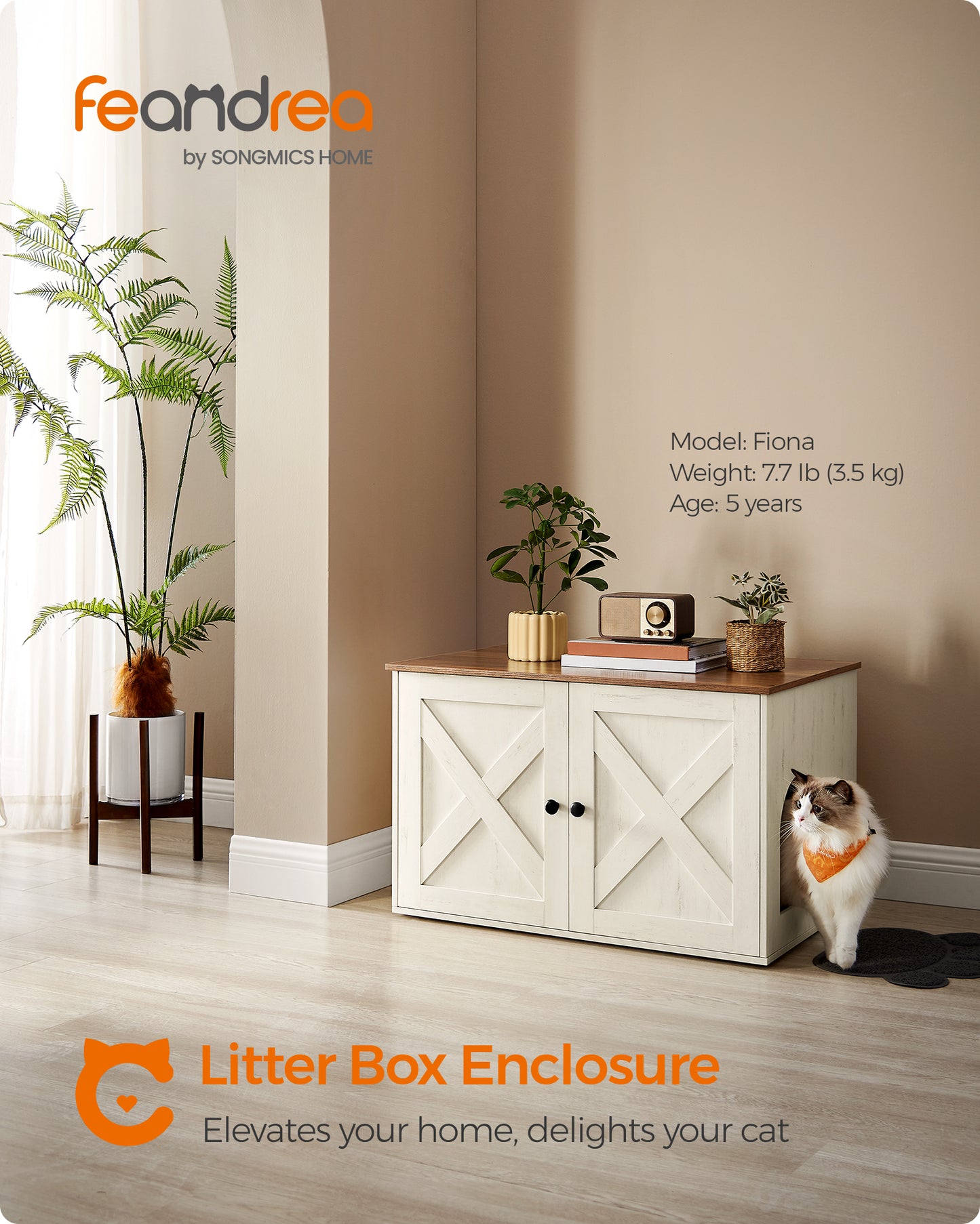 Rustic Barn Door Cat Litter Box Enclosure - Spacious 19.8"x19.8"x18.3" Privacy Cabinet w/ Removable Divider, Honey Brown & Rustic White