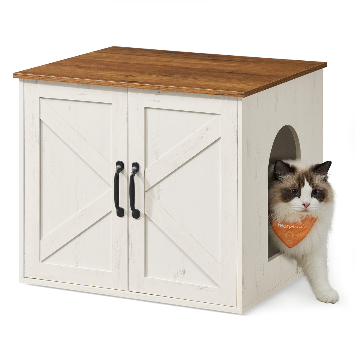 Feandrea Cat Litter Box Enclosure, Hidden Litter Box Furniture, Indoor Pet House End Table, 23.6 x 19.7 x 19.7 Inches, Rustic White and Honey Brown