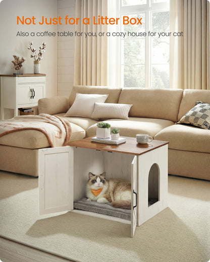 Feandrea Cat Litter Box Enclosure, Hidden Litter Box Furniture, Indoor Pet House End Table, 23.6 x 19.7 x 19.7 Inches, Rustic White and Honey Brown