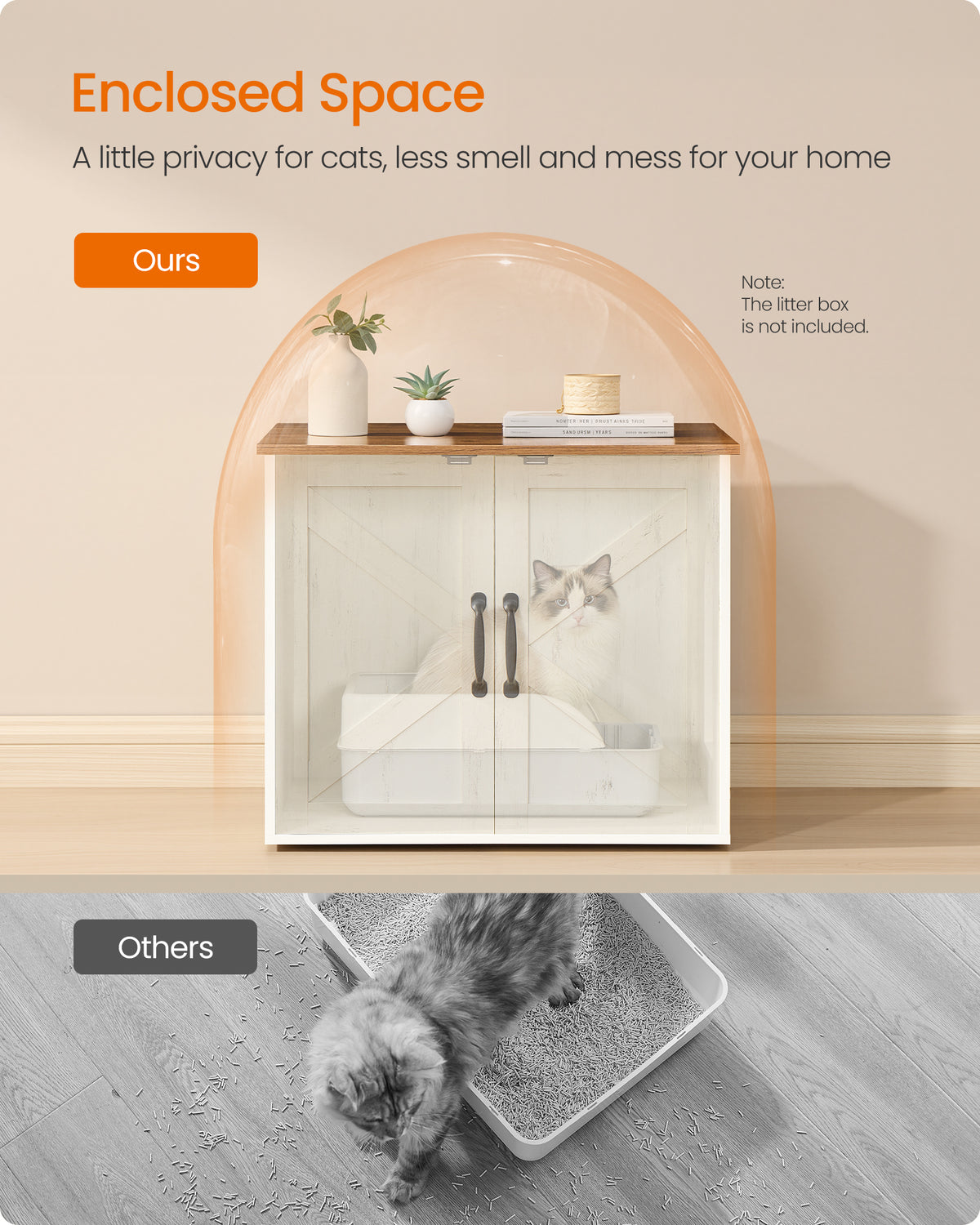 Feandrea Cat Litter Box Enclosure, Hidden Litter Box Furniture, Indoor Pet House End Table, 23.6 x 19.7 x 19.7 Inches, Rustic White and Honey Brown