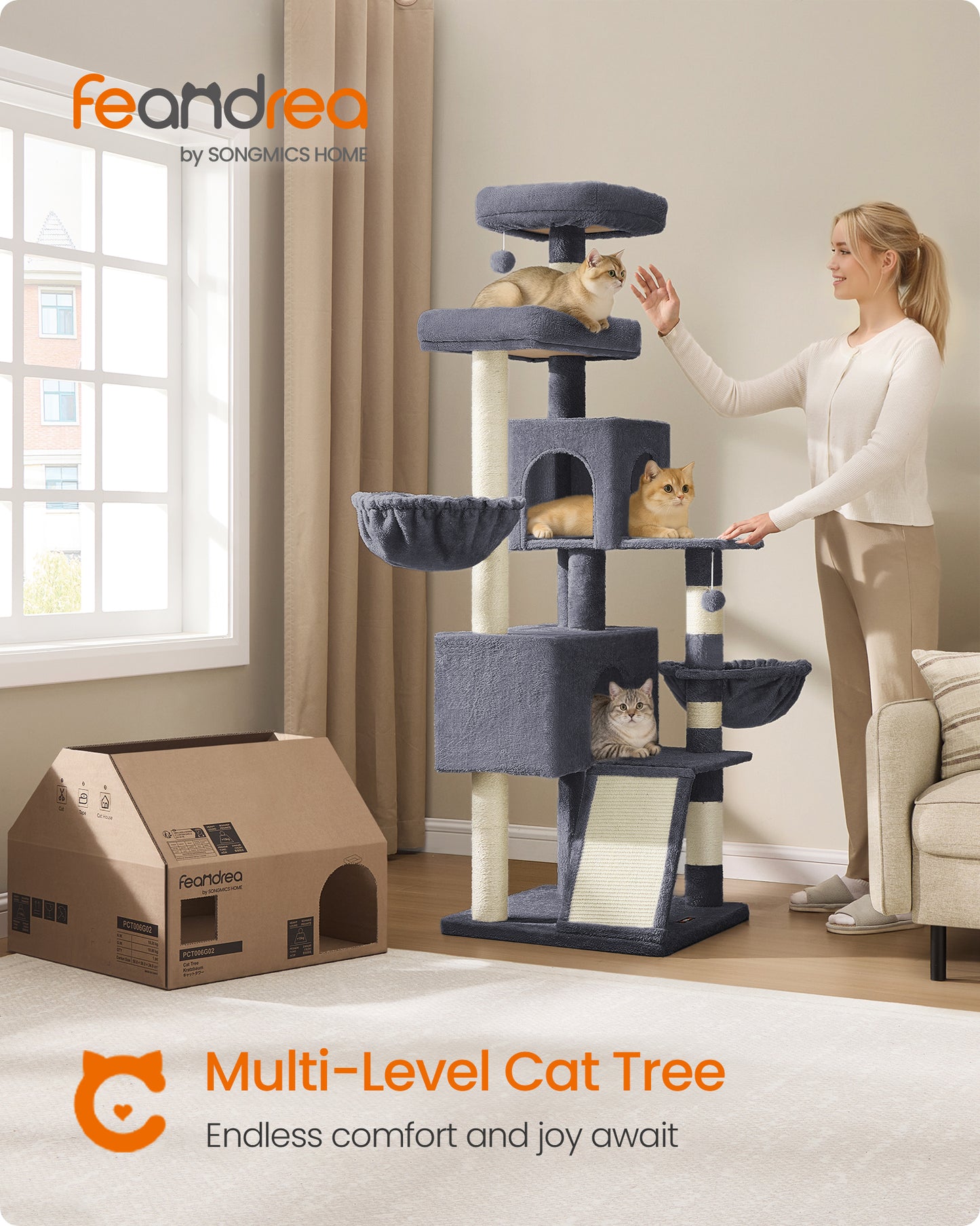 68.5-Inch Multi-Level Cat Tree with 2 Caves and Baskets, 8 Scratching Posts for Large Cats, Dark Gray
